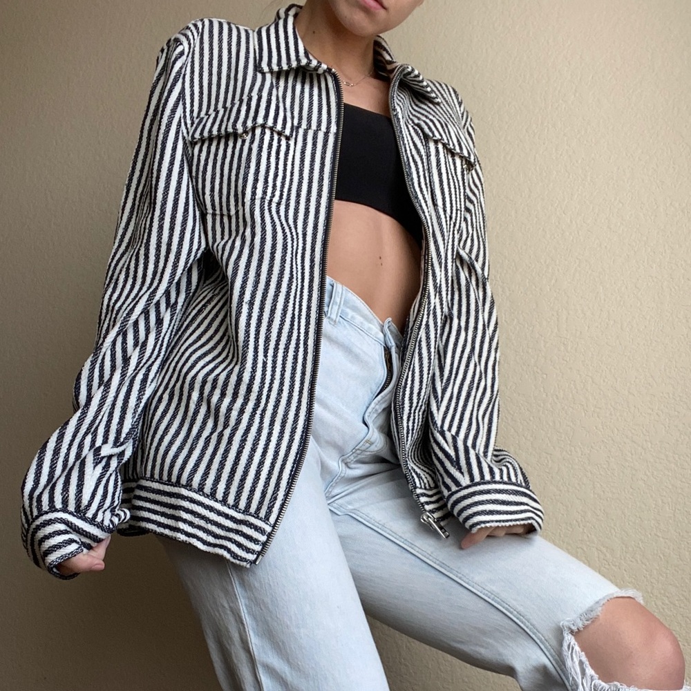 Zara striped structured collared zip-up